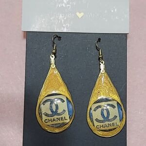 CHANEL Gold and Blue Logo Earrings